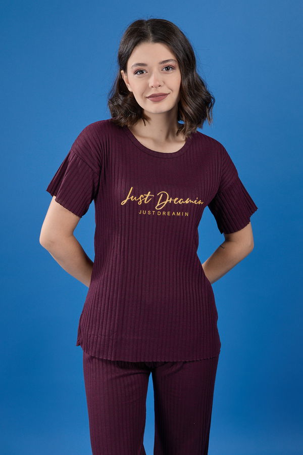 Düz Bisiklet Yaka Kadın Bordo Pijama Takımı - 23751 BORDO