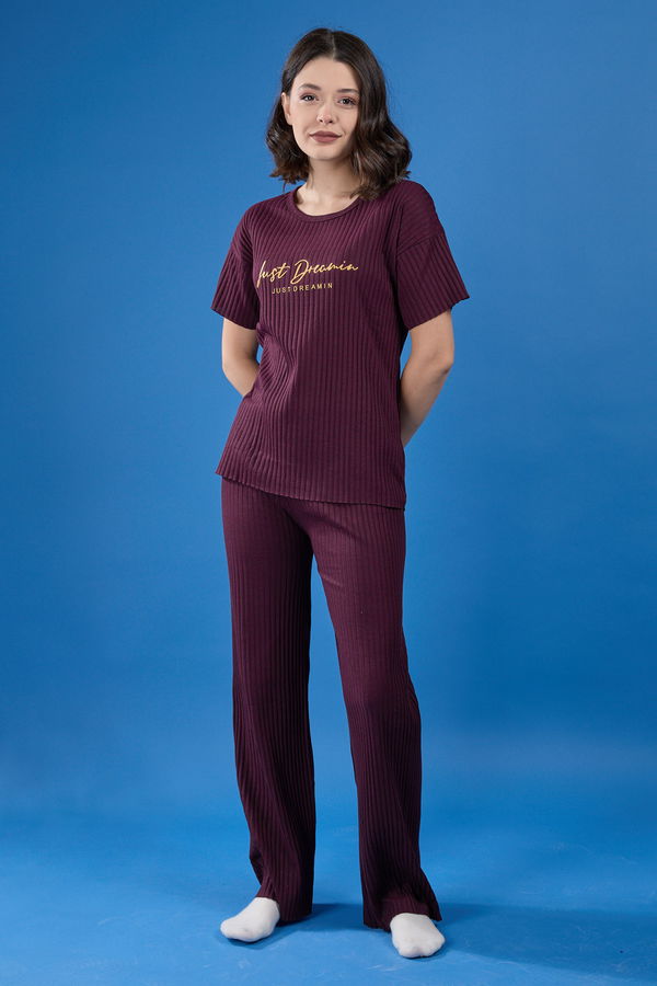 Düz Bisiklet Yaka Kadın Bordo Pijama Takımı - 23751 BORDO