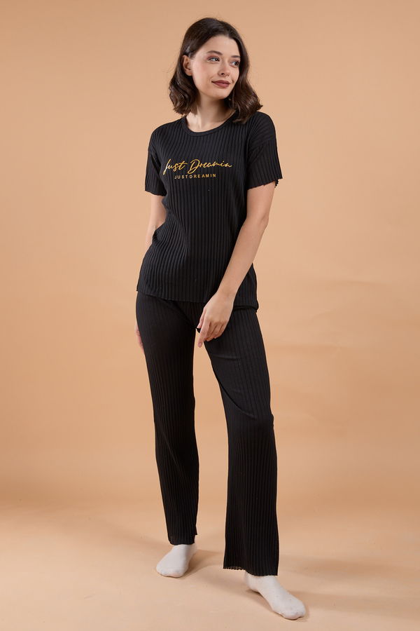 Düz Bisiklet Yaka Kadın Siyah Pijama Takımı - 23751