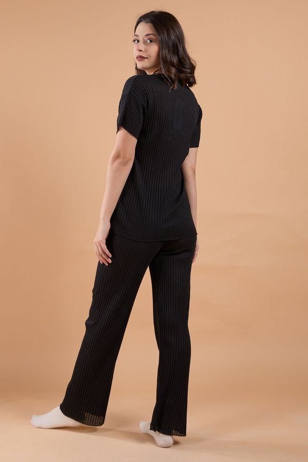 Düz Bisiklet Yaka Kadın Siyah Pijama Takımı - 23751