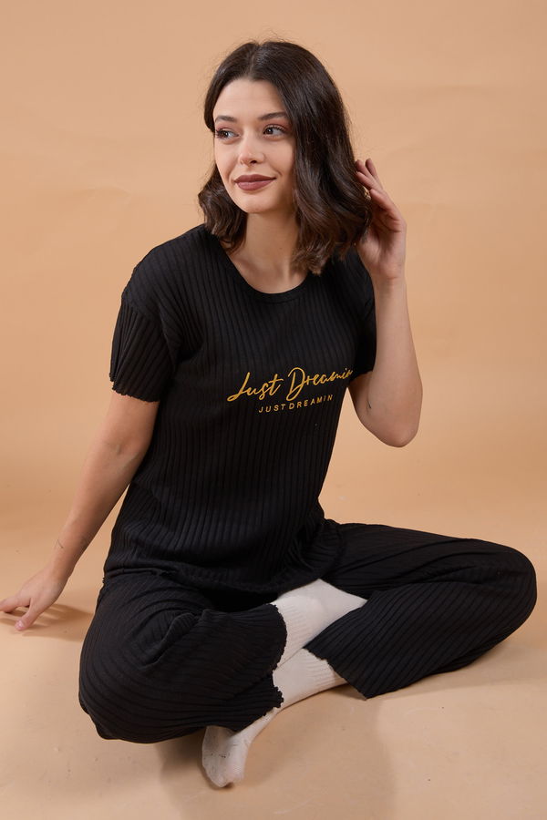 Düz Bisiklet Yaka Kadın Siyah Pijama Takımı - 23751