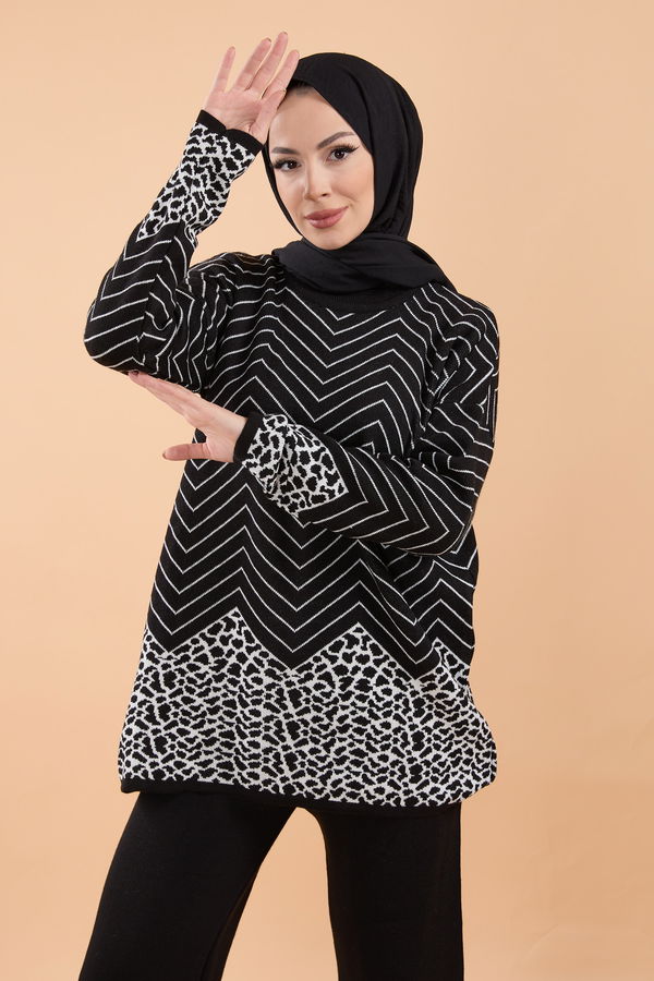 Düz Bisiklet Yaka Kadın Siyah Triko Takım - 23777
