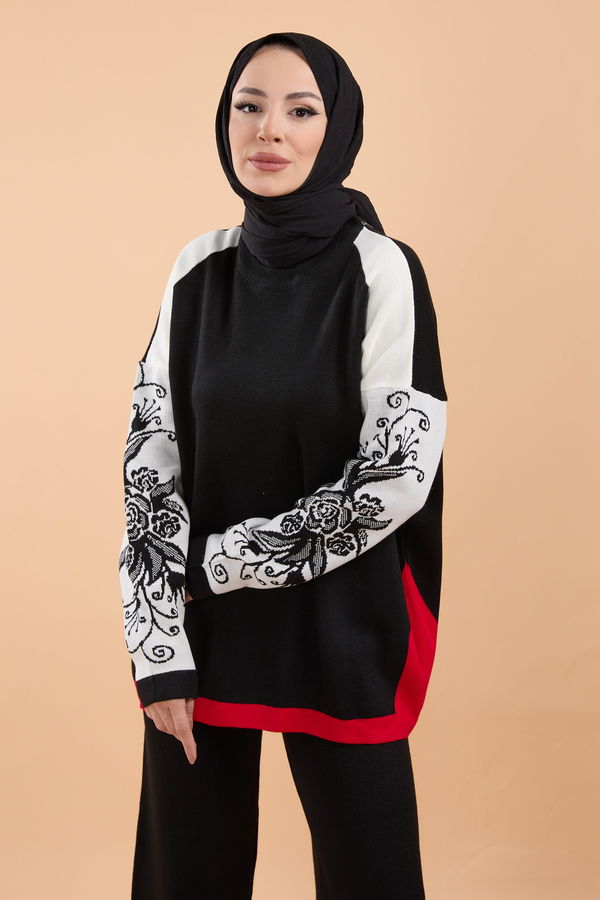 Düz Bisiklet Yaka Kadın Siyah Triko Takım - 23783