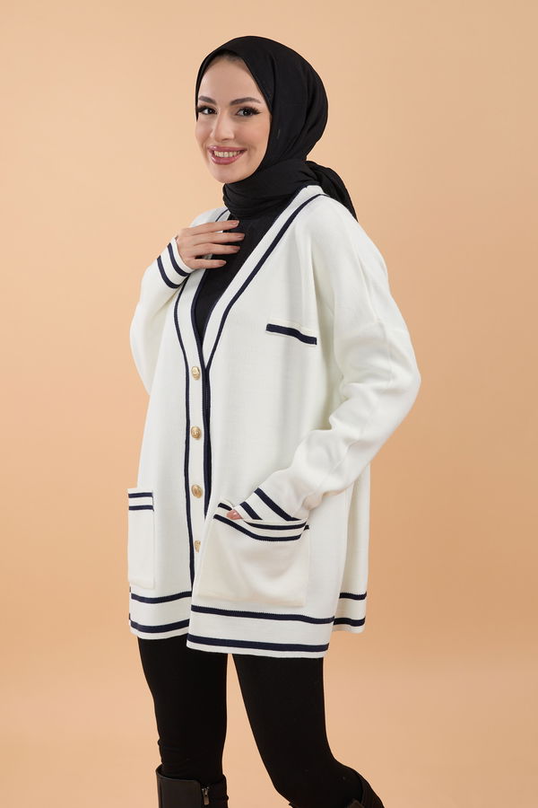 Düz Orta Kadın Beyaz Triko Hırka - 23869