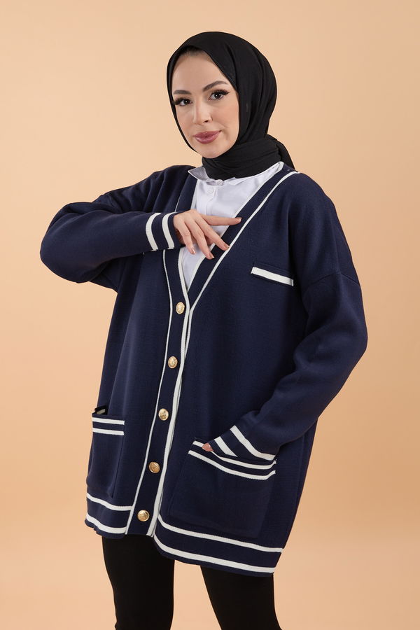 Düz Orta Kadın Lacivert Triko Hırka - 23869