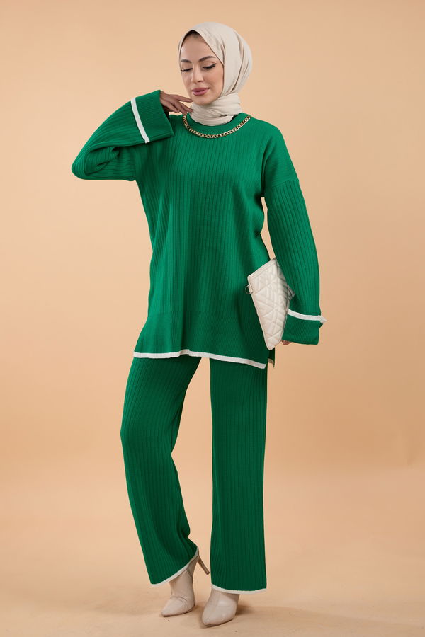 Düz Bisiklet Yaka Kadın Yeşil Triko Tunik Pantolon - 23791 YEŞİL