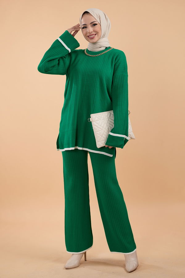 Düz Bisiklet Yaka Kadın Yeşil Triko Tunik Pantolon - 23791 YEŞİL