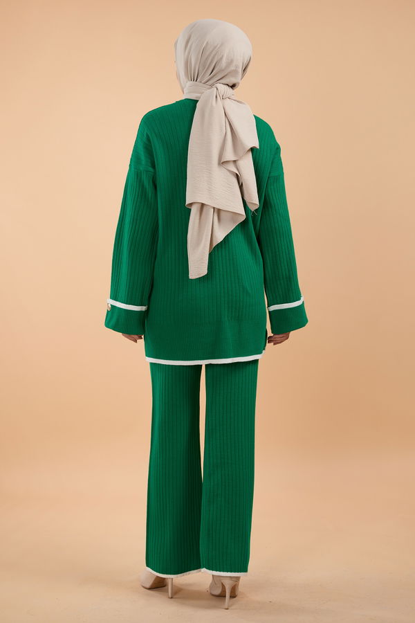 Düz Bisiklet Yaka Kadın Yeşil Triko Tunik Pantolon - 23791 YEŞİL
