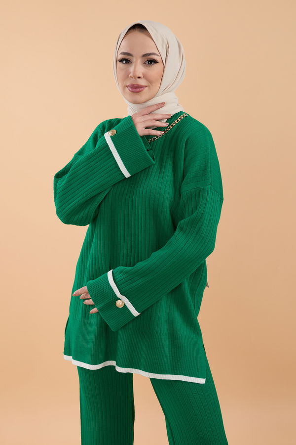 Düz Bisiklet Yaka Kadın Yeşil Triko Tunik Pantolon - 23791 YEŞİL