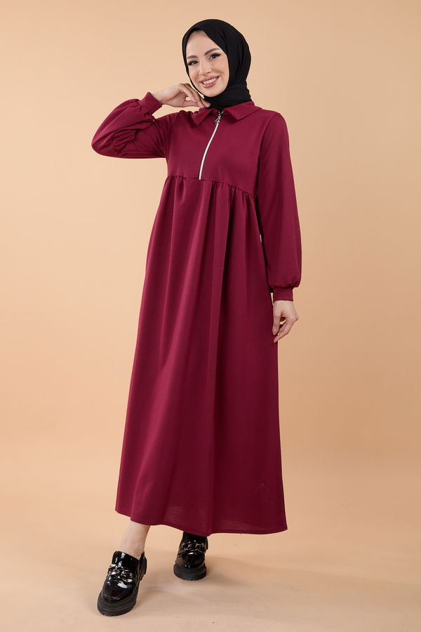 Düz Gömlek Yaka Kadın Bordo Elbise - 23867 BORDO