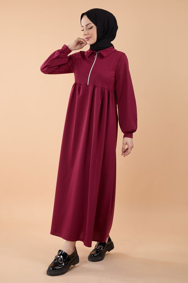 Düz Gömlek Yaka Kadın Bordo Elbise - 23867 BORDO