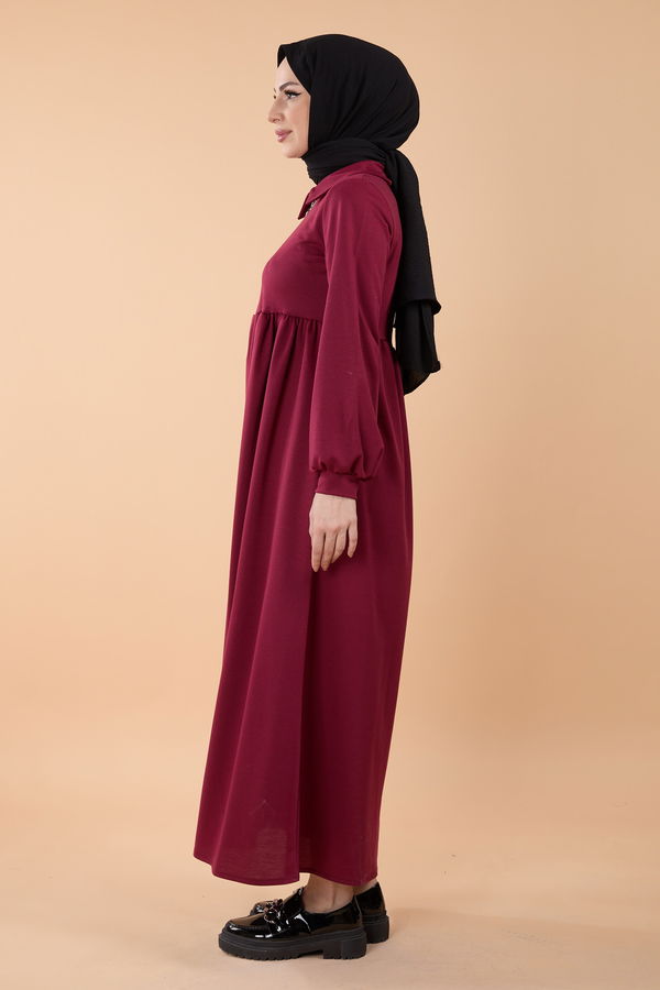 Düz Gömlek Yaka Kadın Bordo Elbise - 23867 BORDO