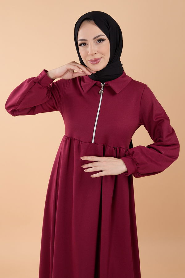 Düz Gömlek Yaka Kadın Bordo Elbise - 23867 BORDO