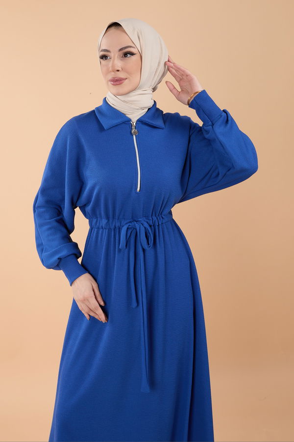 Düz Gömlek Yaka Kadın Mavi Elbise - 23866 MAVİ