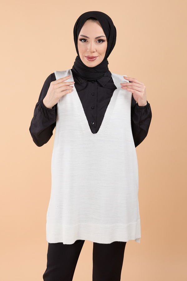 Düz Orta Kadın Beyaz Triko Süveter - 23691