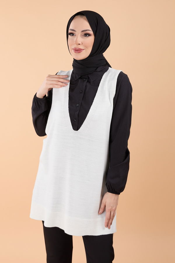 Düz Orta Kadın Beyaz Triko Süveter - 23691