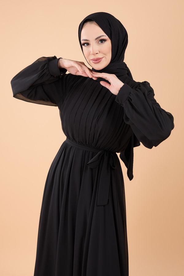 Düz Bisiklet Yaka Kadın Siyah Elbise - 23863 SİYAH