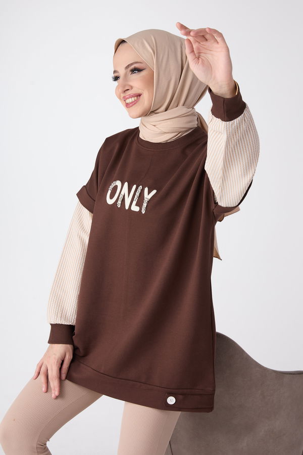 Düz Bisiklet Yaka Kadın Kahverengi Tunik - 23999 KAHVERENGİ