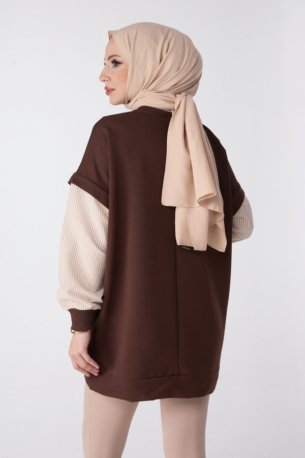 Düz Bisiklet Yaka Kadın Kahverengi Tunik - 23999 KAHVERENGİ