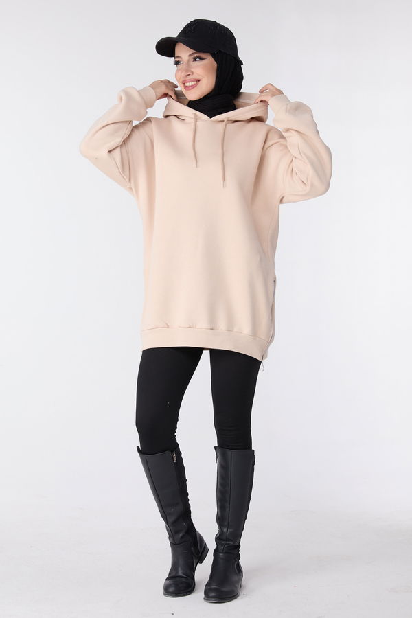 Düz Kapşonlu Yaka Kadın Bej Sweat - 23996