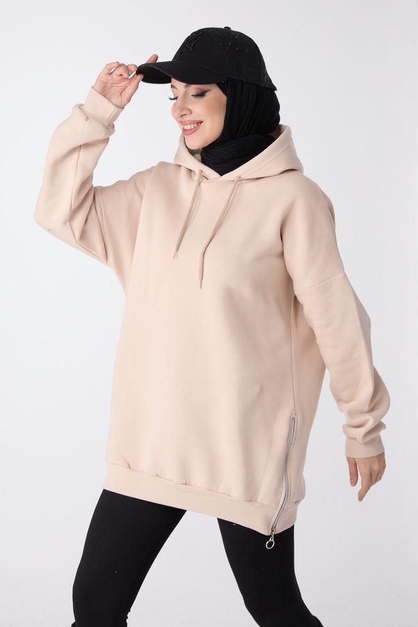 Düz Kapşonlu Yaka Kadın Bej Sweat - 23996