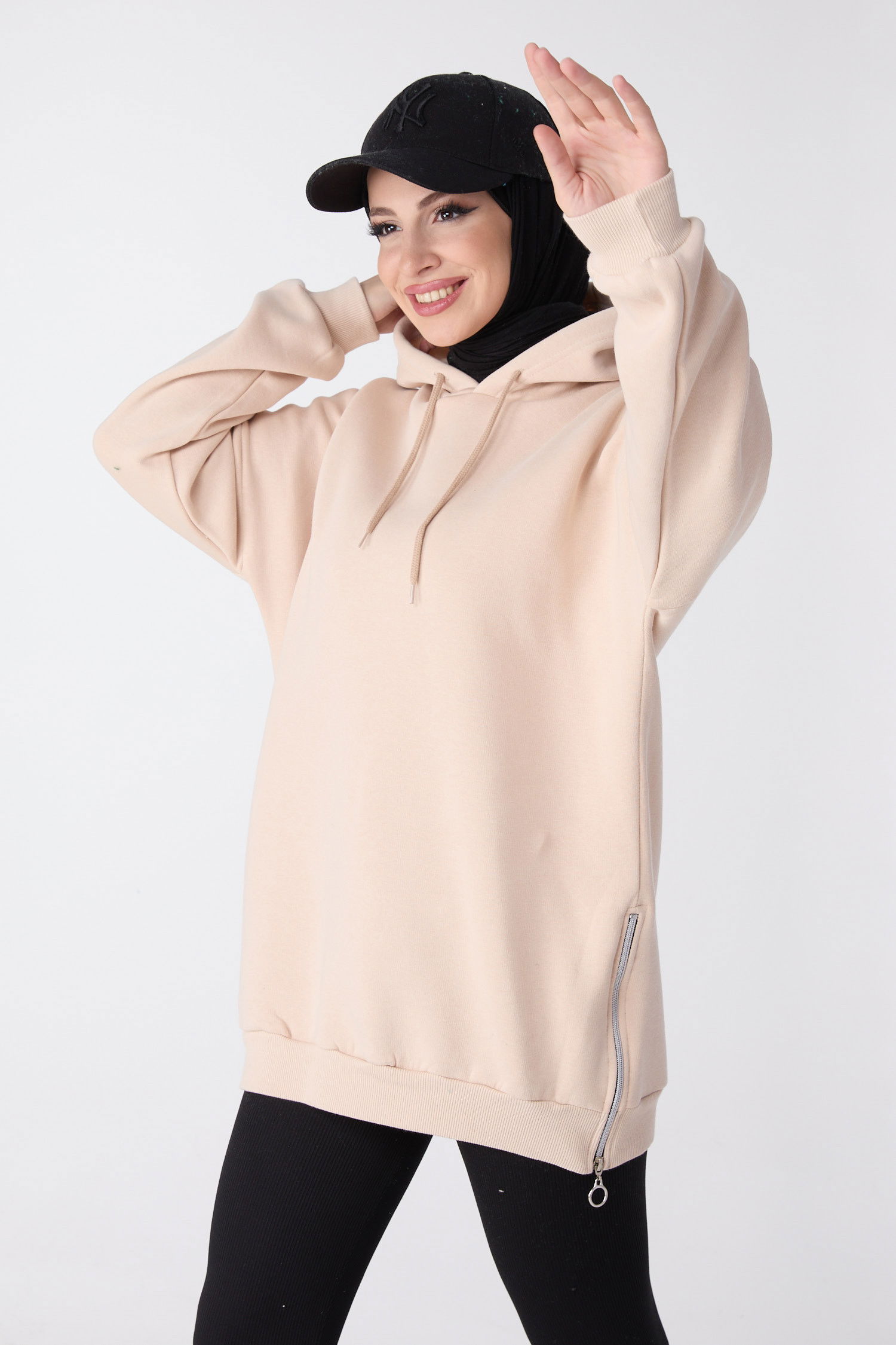 Düz Kapşonlu Yaka Kadın Bej Sweat - 23996