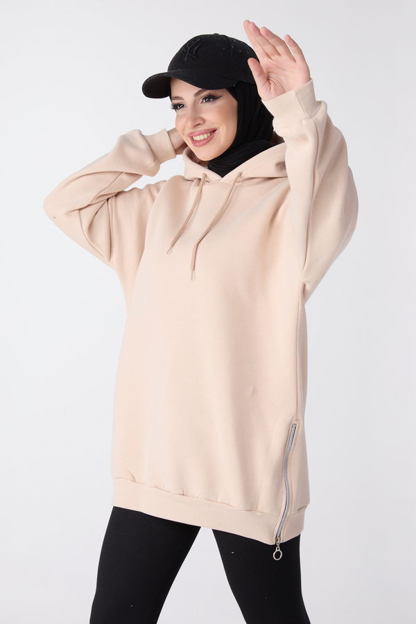Düz Kapşonlu Yaka Kadın Bej Sweat - 23996