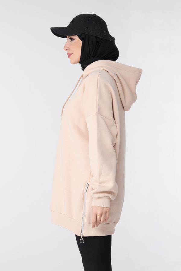 Düz Kapşonlu Yaka Kadın Bej Sweat - 23996