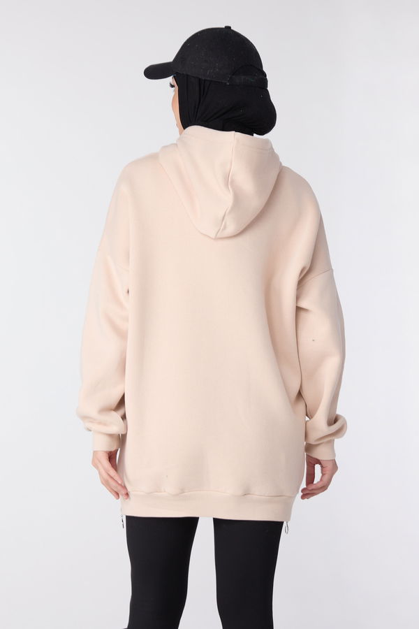 Düz Kapşonlu Yaka Kadın Bej Sweat - 23996