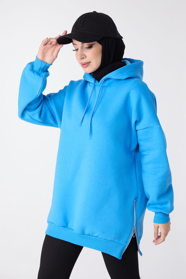 Düz Kapşonlu Yaka Kadın Mavi Sweat - 23996