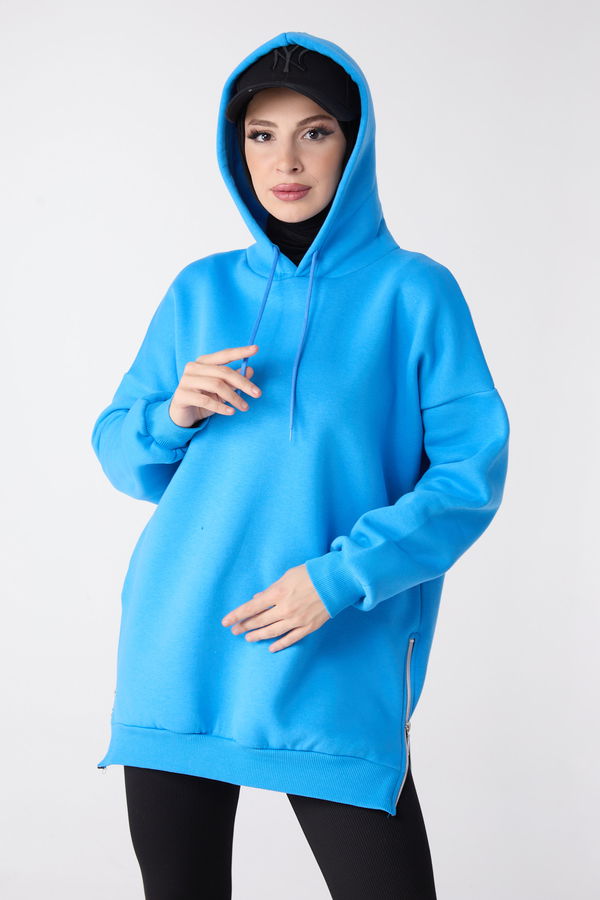 Düz Kapşonlu Yaka Kadın Mavi Sweat - 23996