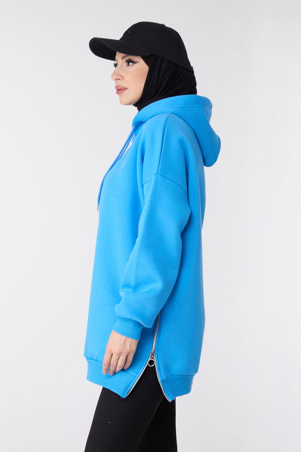Düz Kapşonlu Yaka Kadın Mavi Sweat - 23996