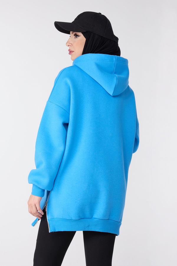 Düz Kapşonlu Yaka Kadın Mavi Sweat - 23996
