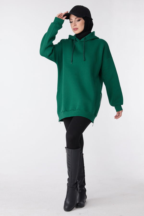 Düz Kapşonlu Yaka Kadın Yeşil Sweat - 23996