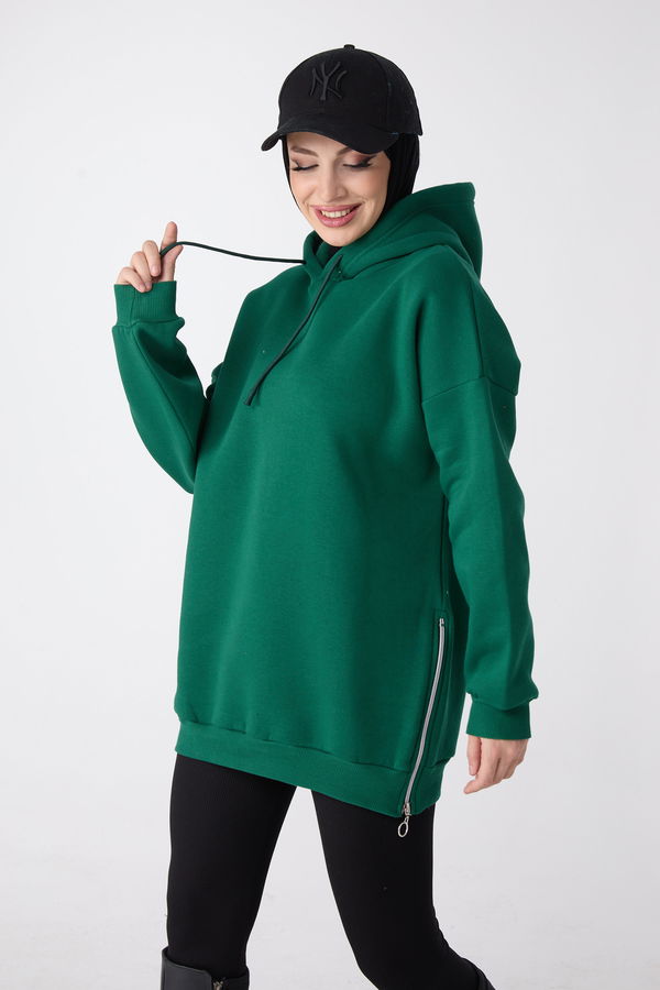 Düz Kapşonlu Yaka Kadın Yeşil Sweat - 23996