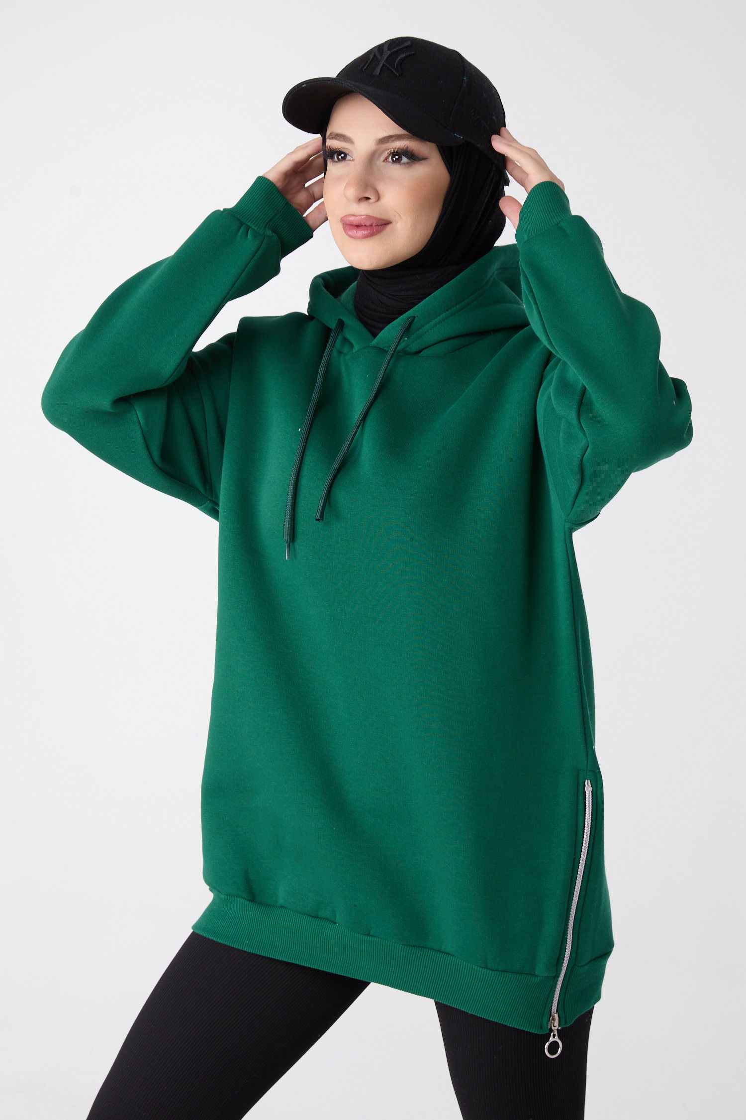 Düz Kapşonlu Yaka Kadın Yeşil Sweat - 23996