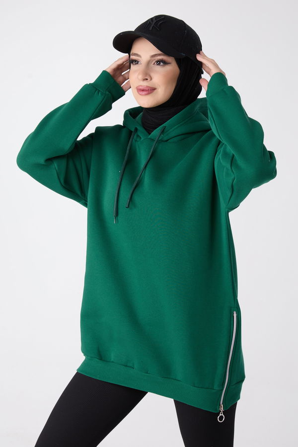 Düz Kapşonlu Yaka Kadın Yeşil Sweat - 23996