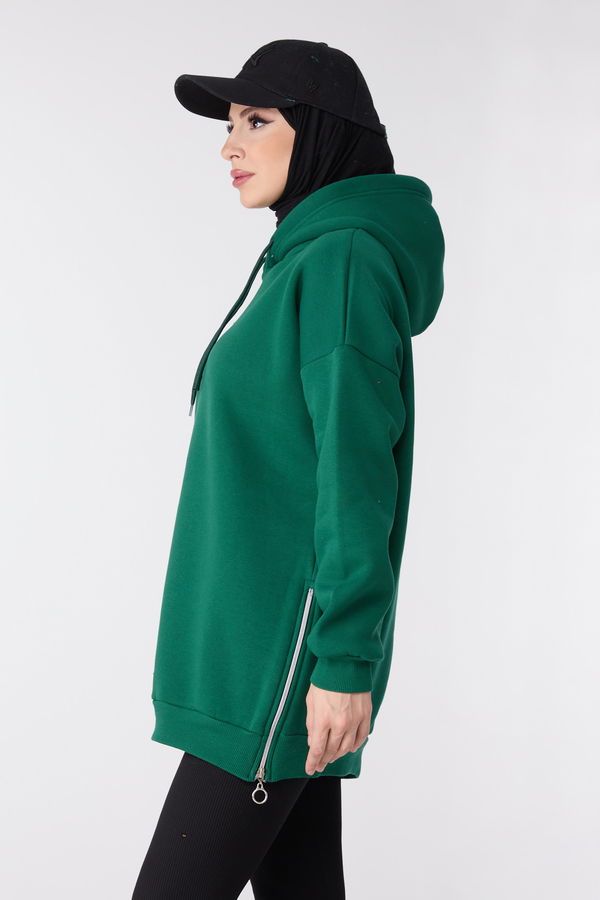 Düz Kapşonlu Yaka Kadın Yeşil Sweat - 23996