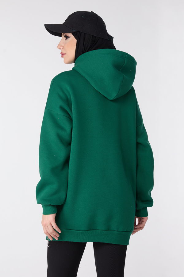 Düz Kapşonlu Yaka Kadın Yeşil Sweat - 23996