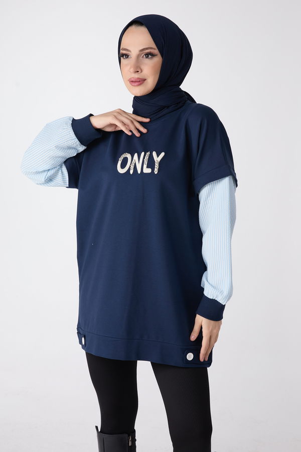 Düz Bisiklet Yaka Kadın Lacivert Tunik - 23999