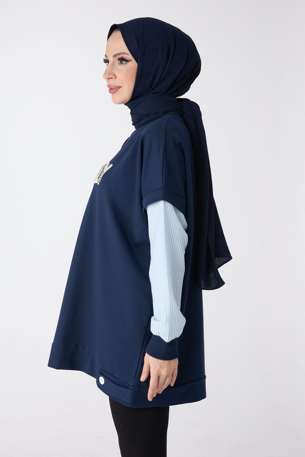 Düz Bisiklet Yaka Kadın Lacivert Tunik - 23999
