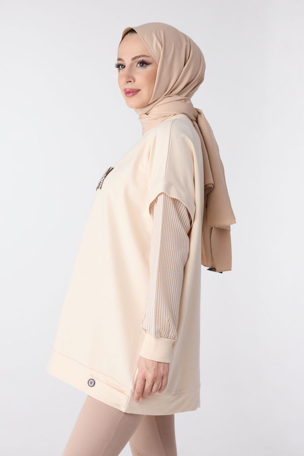 Düz Bisiklet Yaka Kadın Bej Tunik - 23999