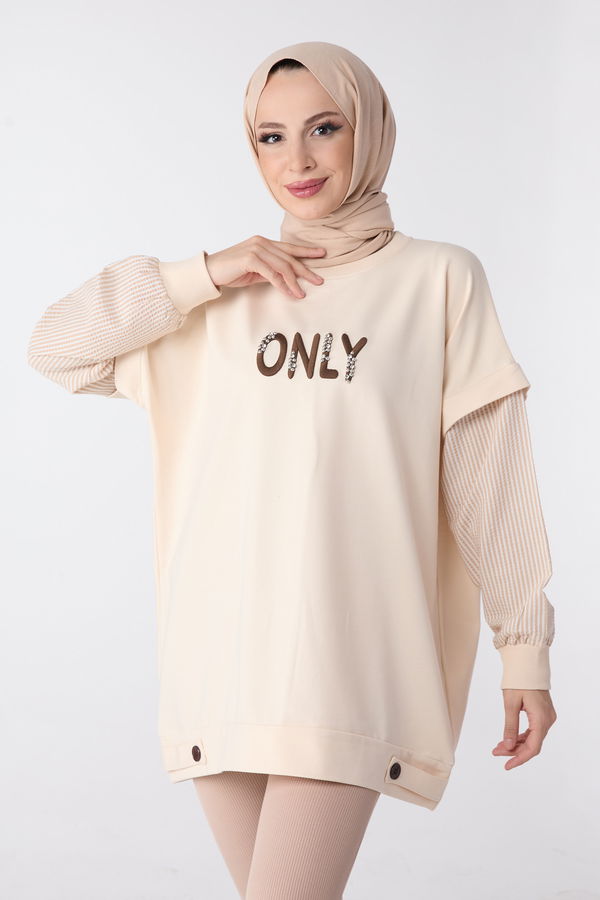 Düz Bisiklet Yaka Kadın Bej Tunik - 23999