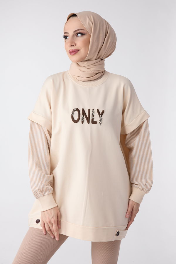 Düz Bisiklet Yaka Kadın Bej Tunik - 23999