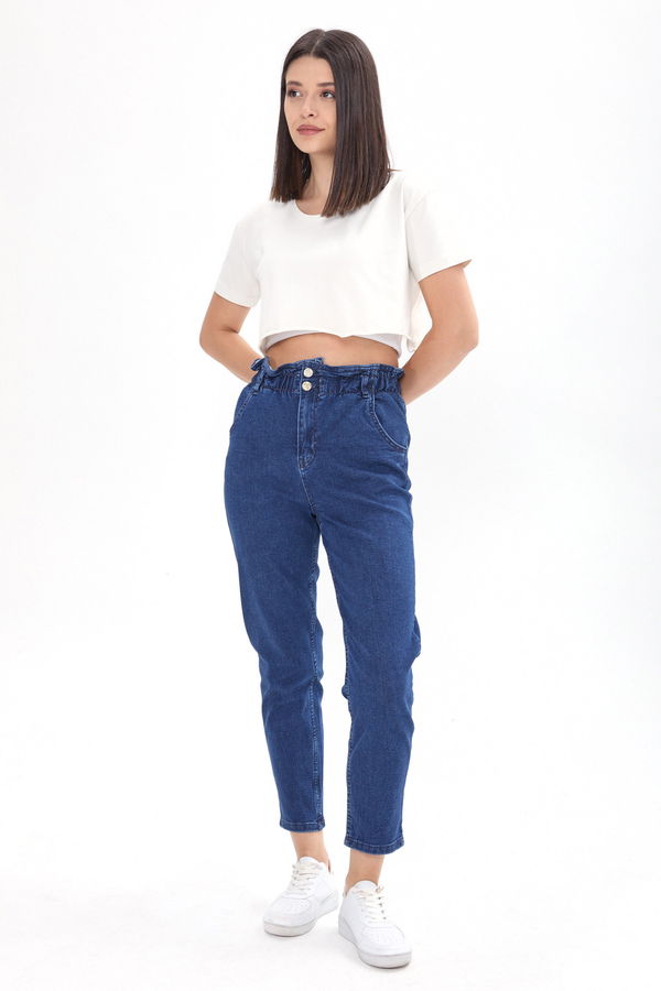 Düz Orta Kadın Mavi Belli Lastikli Mom Jeans - 23923 MAVİ