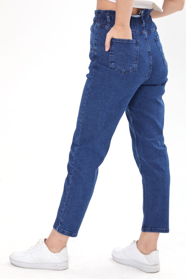 Düz Orta Kadın Mavi Belli Lastikli Mom Jeans - 23923 MAVİ