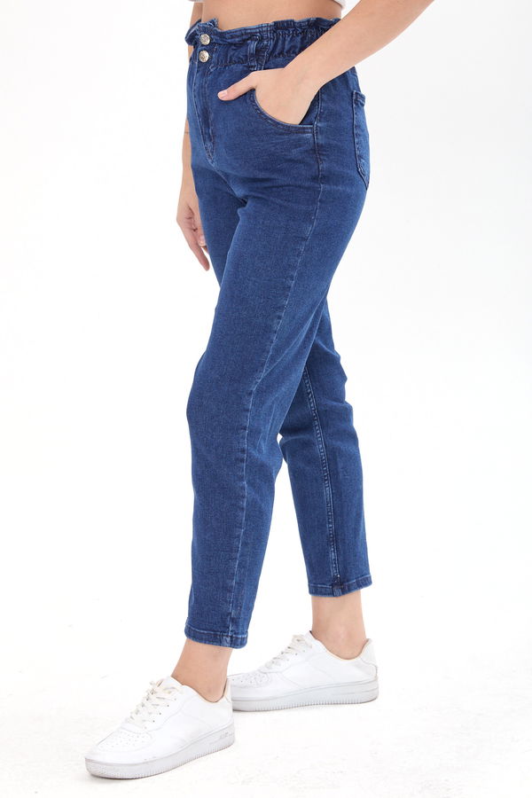Düz Orta Kadın Mavi Belli Lastikli Mom Jeans - 23923 MAVİ
