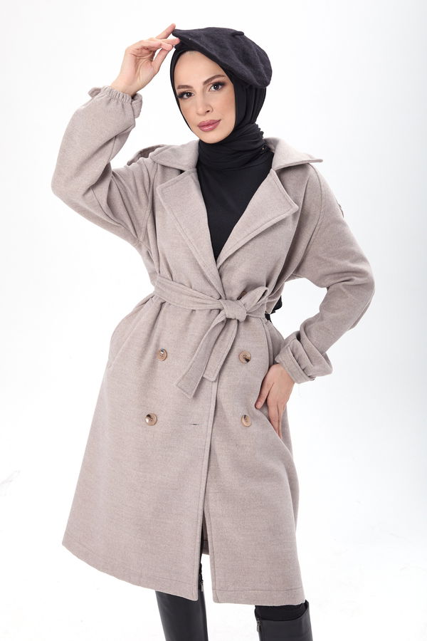 Düz Gömlek Yaka Kadın Bej Kaşe Kaban - 23443 BEJ