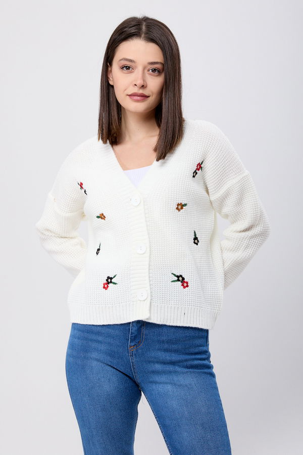 Düz Orta Kadın Beyaz Triko Hırka - 23407 BEYAZ