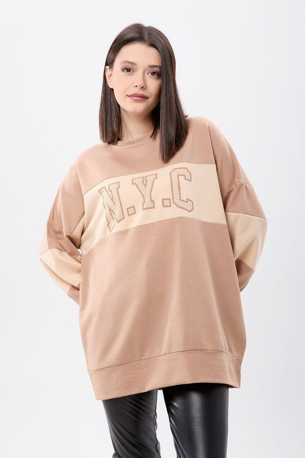 Düz Bisiklet Yaka Kadın Bej Sweat - 13084 BEJ